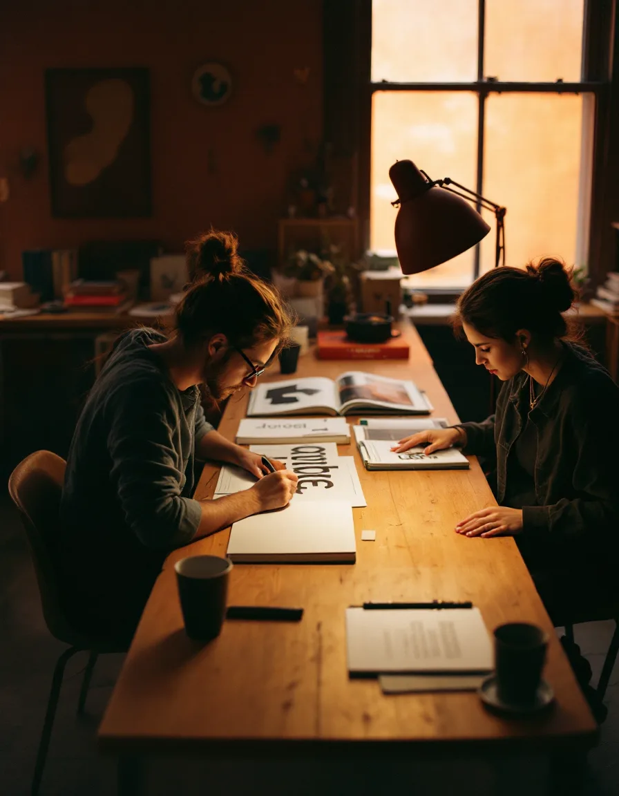 Two designers working side by side at the Nettle & Lantern bench